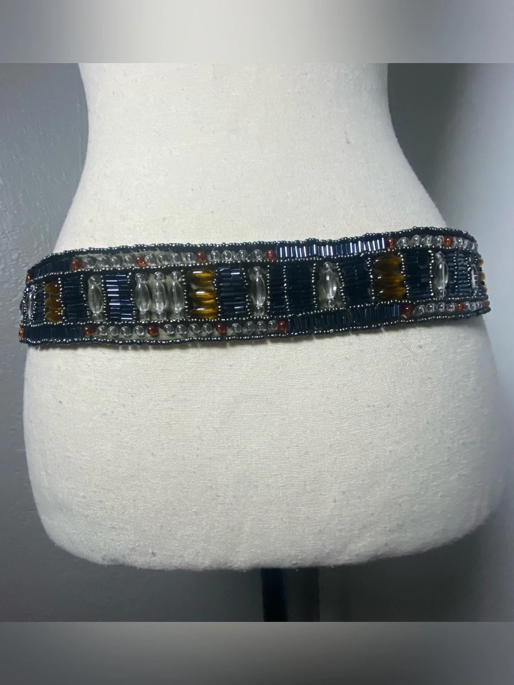 Eclectic Olive Green Satin Multicolor Beaded Belt Size Mediun